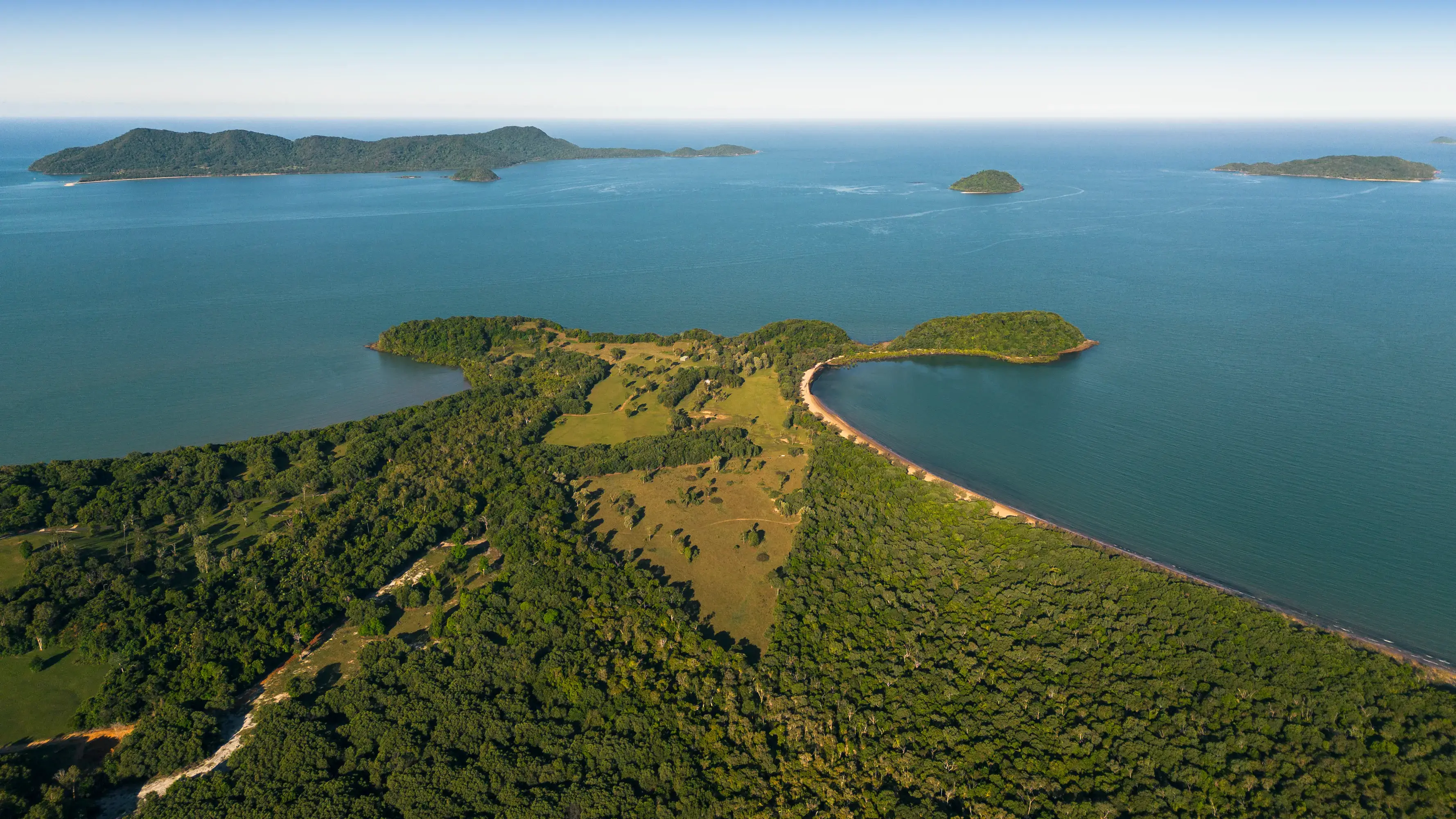 The Point from the land side with its boundary drawn: Lugger, Turtle and Kennedy Bays around it, Dunk, Thorpe and Bedarra Islands offshore