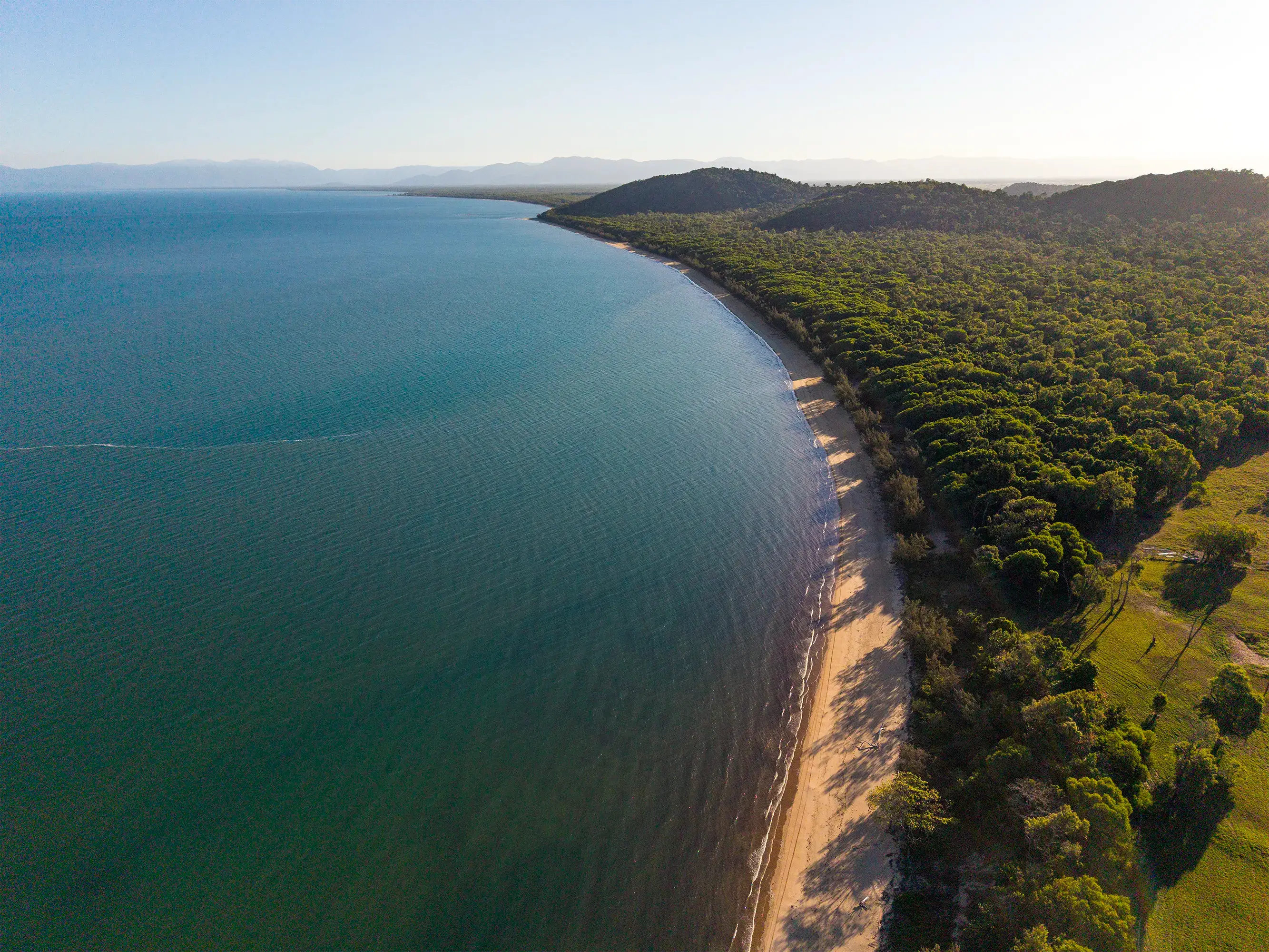 The long beach and bushland in late afternoon light